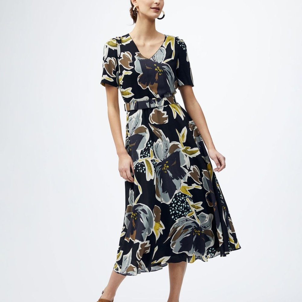 NEW!! Multicolor Roland Belted Poppy Floral Silk Work/Office Dress